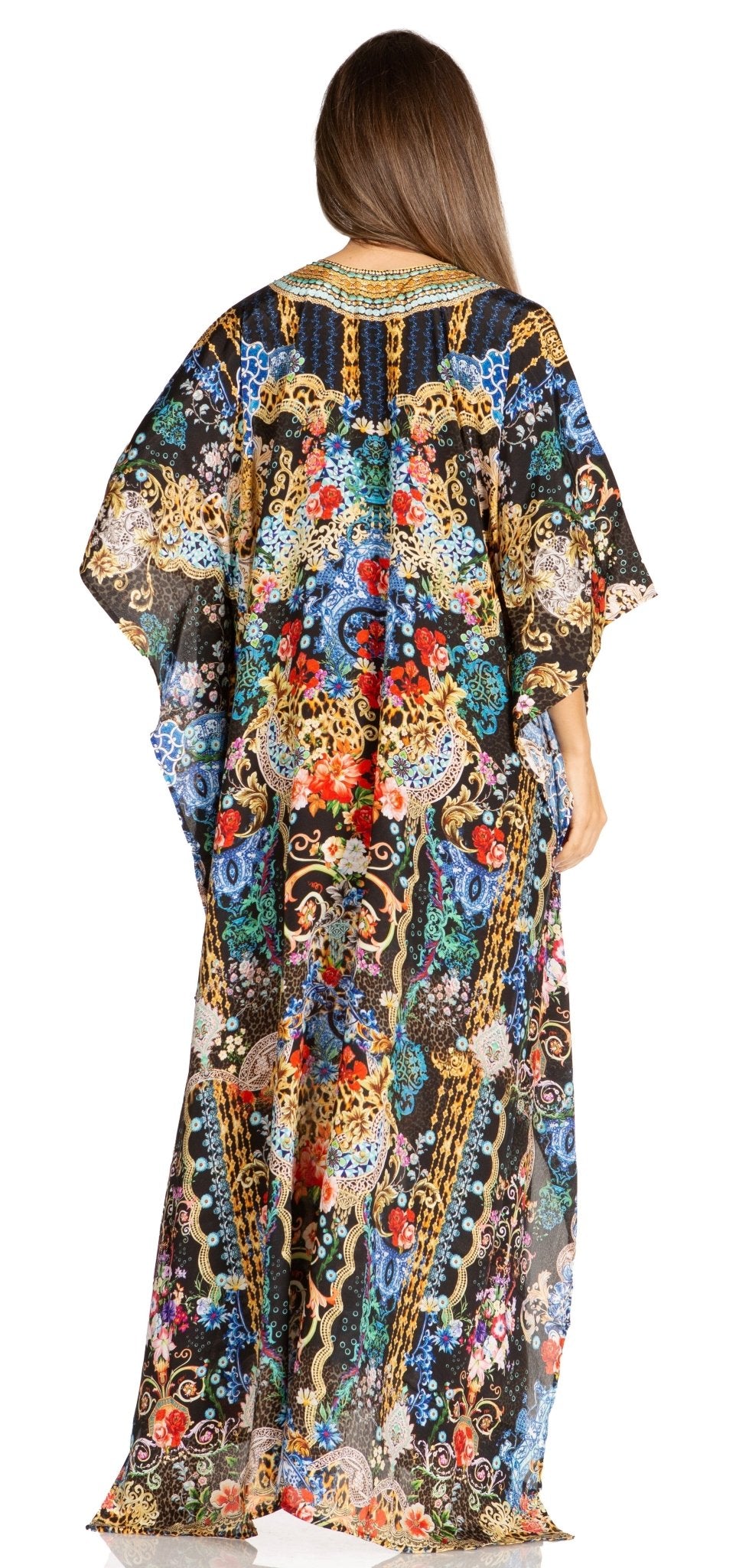 Sakkas Yeni Women's Short Sleeve V-neck Summer Floral Long Caftan Dress Cover-up dresses La Vie Bien Sakkas Yeni Women's Short Sleeve V-neck Summer Floral Long Caftan Dress Cover-up