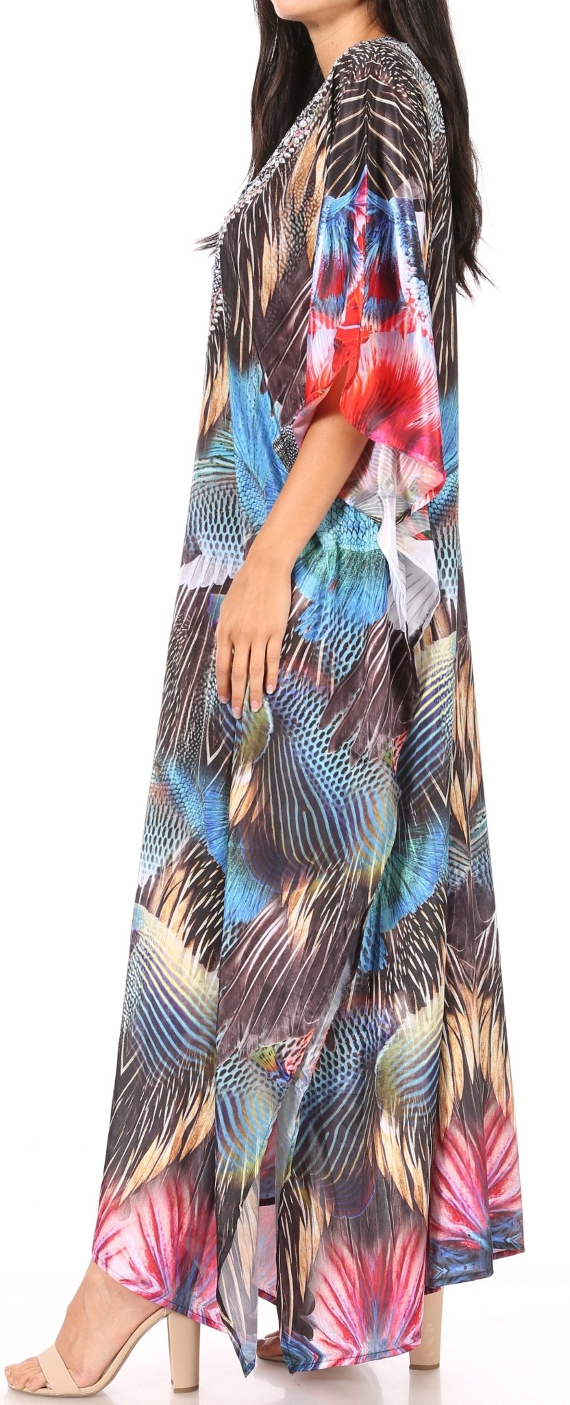 Sakkas Yeni Women's Short Sleeve V-neck Summer Floral Long Caftan Dress Cover-up dresses La Vie Bien Sakkas Yeni Women's Short Sleeve V-neck Summer Floral Long Caftan Dress Cover-up