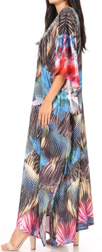 Sakkas Yeni Women's Short Sleeve V-neck Summer Floral Long Caftan Dress Cover-up dresses La Vie Bien Sakkas Yeni Women's Short Sleeve V-neck Summer Floral Long Caftan Dress Cover-up