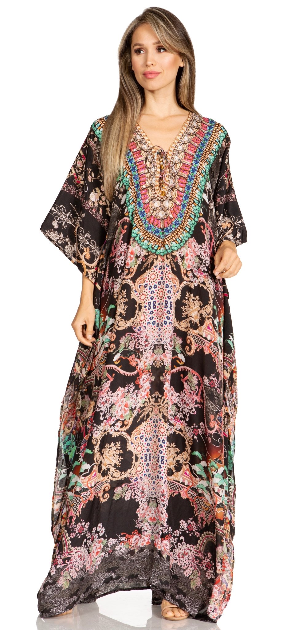 Sakkas Yeni Women's Short Sleeve V-neck Summer Floral Long Caftan Dress Cover-up dresses La Vie Bien Sakkas Yeni Women's Short Sleeve V-neck Summer Floral Long Caftan Dress Cover-up