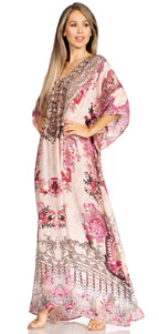 Sakkas Yeni Women's Short Sleeve V-neck Summer Floral Long Caftan Dress Cover-up dresses La Vie Bien Sakkas Yeni Women's Short Sleeve V-neck Summer Floral Long Caftan Dress Cover-up