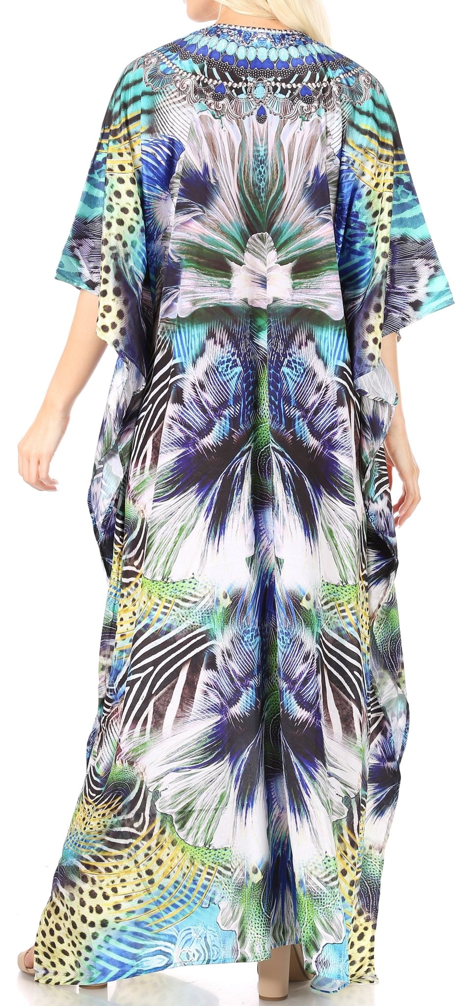 Sakkas Yeni Women's Short Sleeve V-neck Summer Floral Long Caftan Dress Cover-up dresses La Vie Bien Sakkas Yeni Women's Short Sleeve V-neck Summer Floral Long Caftan Dress Cover-up