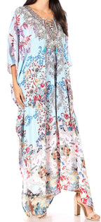 Sakkas Yeni Women's Short Sleeve V-neck Summer Floral Long Caftan Dress Cover-up dresses La Vie Bien Sakkas Yeni Women's Short Sleeve V-neck Summer Floral Long Caftan Dress Cover-up