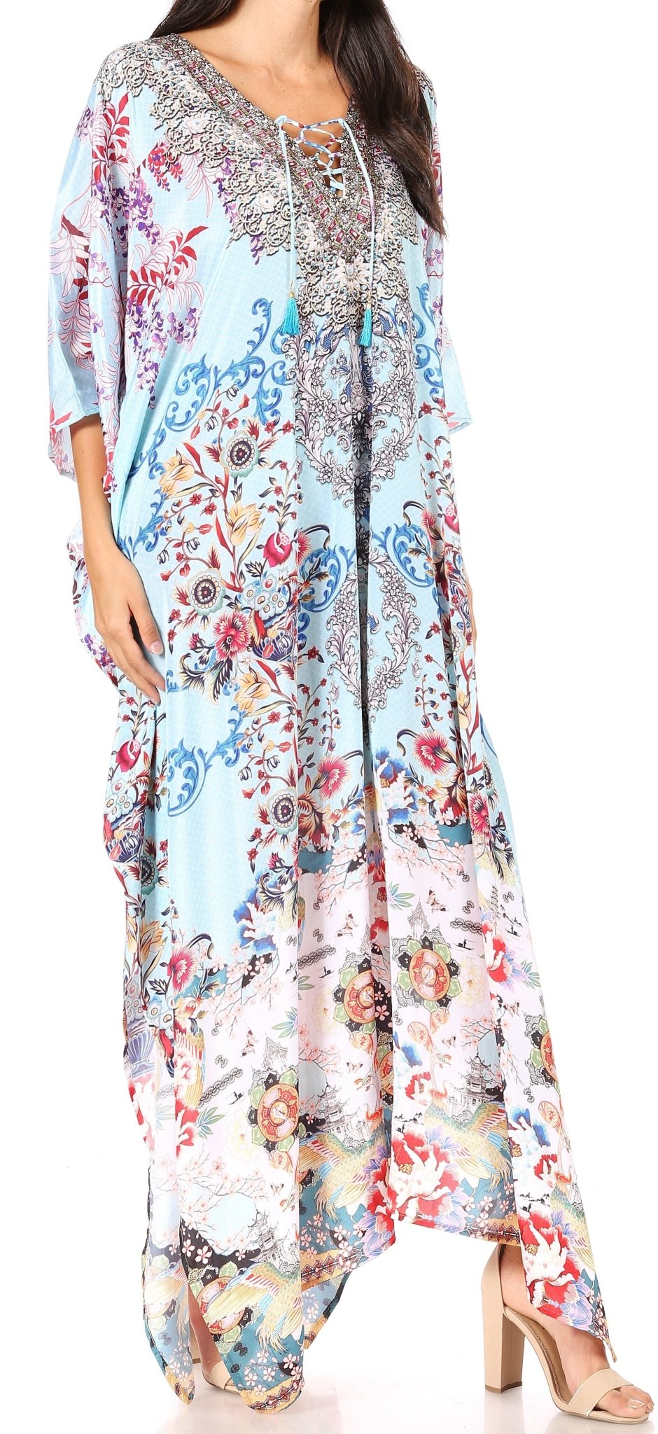 Sakkas Yeni Women's Short Sleeve V-neck Summer Floral Long Caftan Dress Cover-up dresses La Vie Bien Sakkas Yeni Women's Short Sleeve V-neck Summer Floral Long Caftan Dress Cover-up