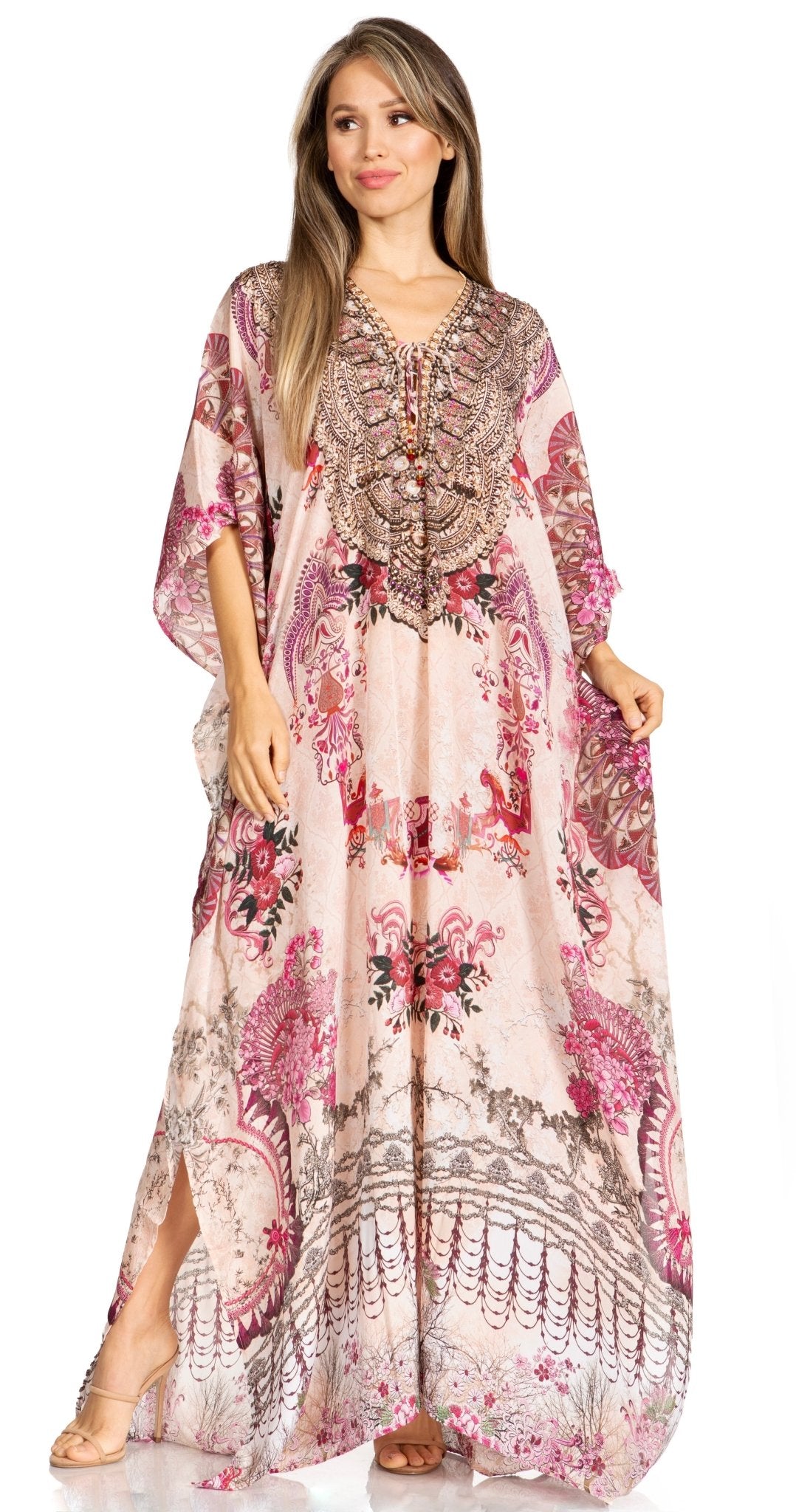 Sakkas Yeni Women's Short Sleeve V-neck Summer Floral Long Caftan Dress Cover-up dresses La Vie Bien Sakkas Yeni Women's Short Sleeve V-neck Summer Floral Long Caftan Dress Cover-up