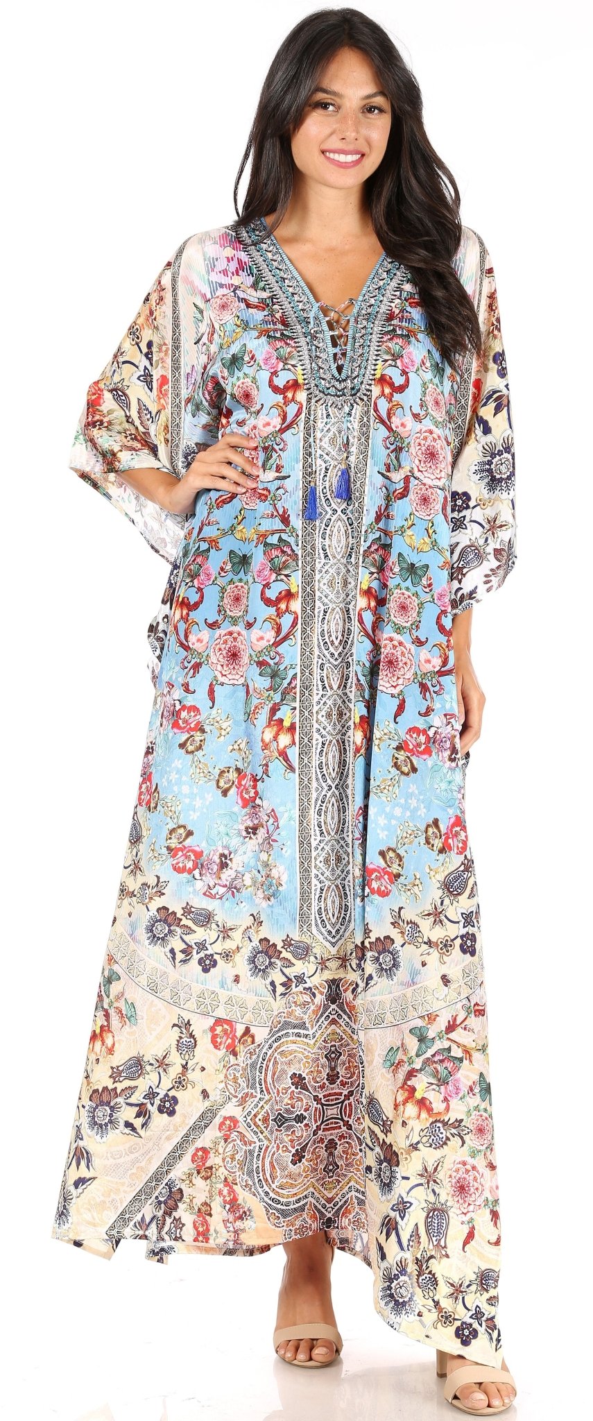 Sakkas Yeni Women's Short Sleeve V-neck Summer Floral Long Caftan Dress Cover-up dresses La Vie Bien Sakkas Yeni Women's Short Sleeve V-neck Summer Floral Long Caftan Dress Cover-up