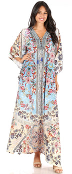 Sakkas Yeni Women's Short Sleeve V-neck Summer Floral Long Caftan Dress Cover-up dresses La Vie Bien Sakkas Yeni Women's Short Sleeve V-neck Summer Floral Long Caftan Dress Cover-up