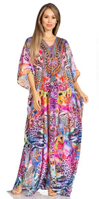 Sakkas Yeni Women's Short Sleeve V-neck Summer Floral Long Caftan Dress Cover-up dresses La Vie Bien Sakkas Yeni Women's Short Sleeve V-neck Summer Floral Long Caftan Dress Cover-up