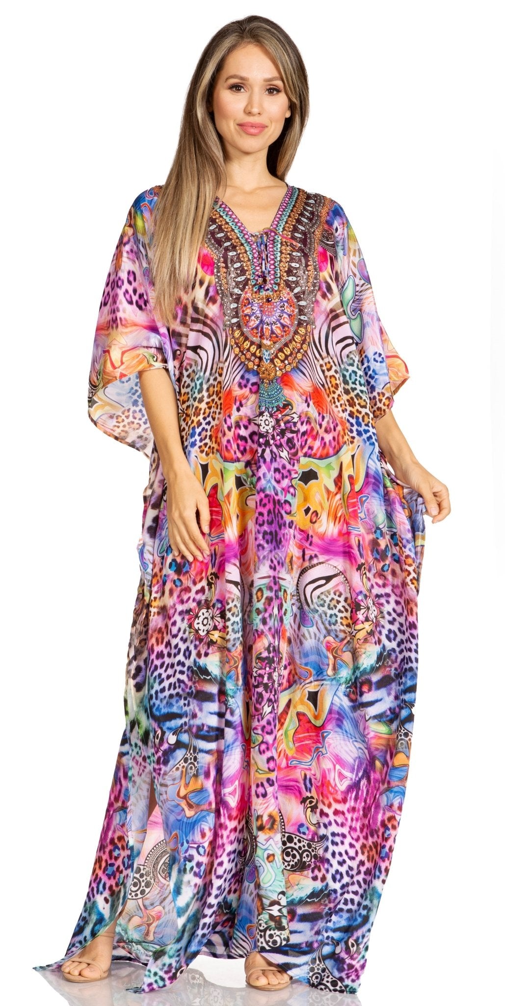 Sakkas Yeni Women's Short Sleeve V-neck Summer Floral Long Caftan Dress Cover-up dresses La Vie Bien Sakkas Yeni Women's Short Sleeve V-neck Summer Floral Long Caftan Dress Cover-up