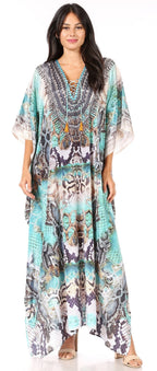 Sakkas Yeni Women's Short Sleeve V-neck Summer Floral Long Caftan Dress Cover-up dresses La Vie Bien Sakkas Yeni Women's Short Sleeve V-neck Summer Floral Long Caftan Dress Cover-up