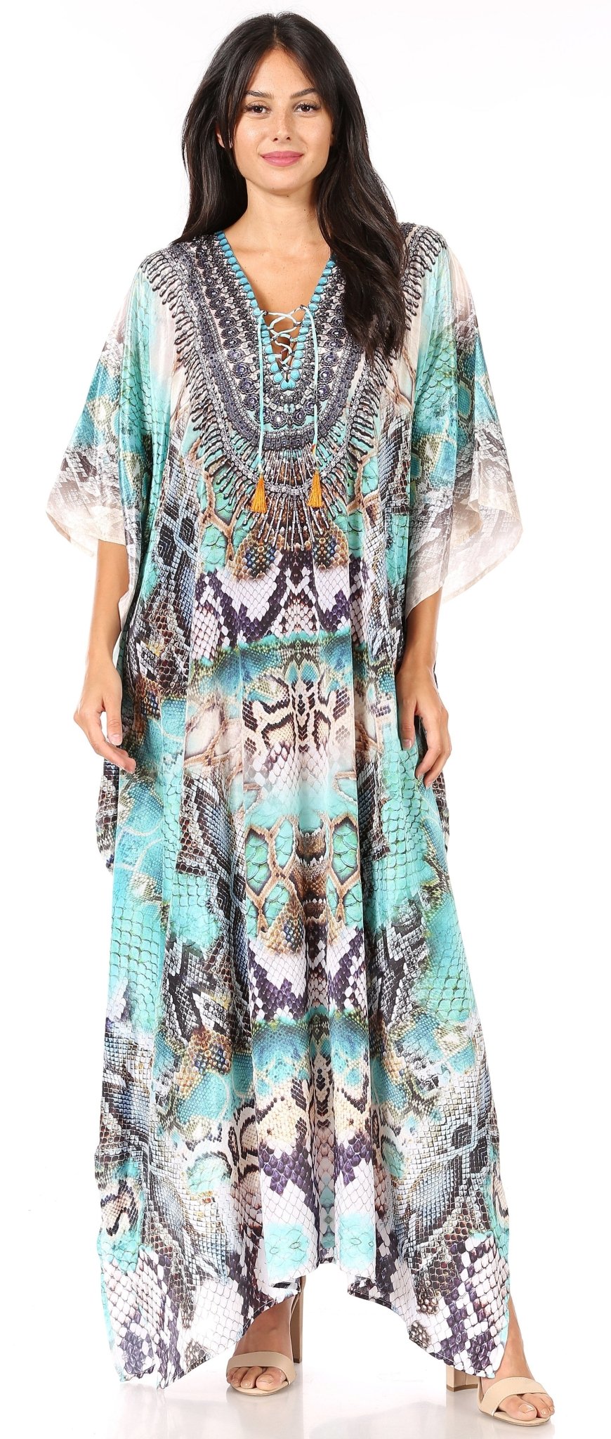 Sakkas Yeni Women's Short Sleeve V-neck Summer Floral Long Caftan Dress Cover-up dresses La Vie Bien Sakkas Yeni Women's Short Sleeve V-neck Summer Floral Long Caftan Dress Cover-up