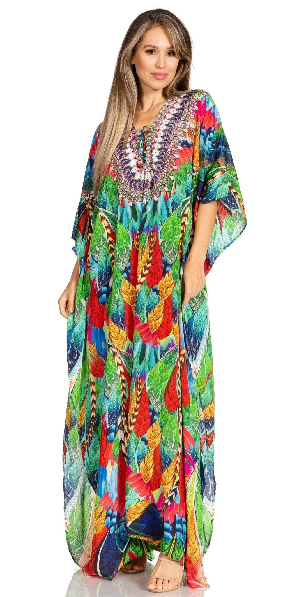 Sakkas Yeni Women's Short Sleeve V-neck Summer Floral Long Caftan Dress Cover-up dresses La Vie Bien Sakkas Yeni Women's Short Sleeve V-neck Summer Floral Long Caftan Dress Cover-up