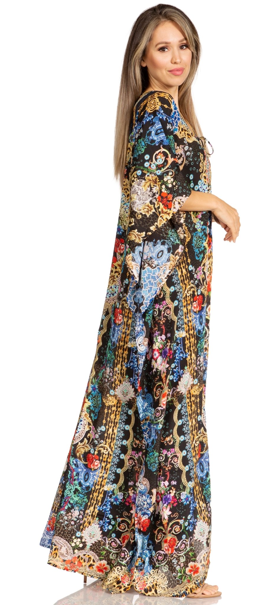 Sakkas Yeni Women's Short Sleeve V-neck Summer Floral Long Caftan Dress Cover-up dresses La Vie Bien Sakkas Yeni Women's Short Sleeve V-neck Summer Floral Long Caftan Dress Cover-up