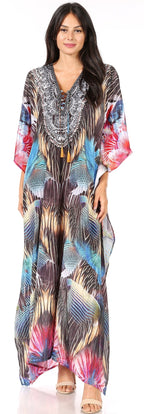 Sakkas Yeni Women's Short Sleeve V-neck Summer Floral Long Caftan Dress Cover-up dresses La Vie Bien Sakkas Yeni Women's Short Sleeve V-neck Summer Floral Long Caftan Dress Cover-up