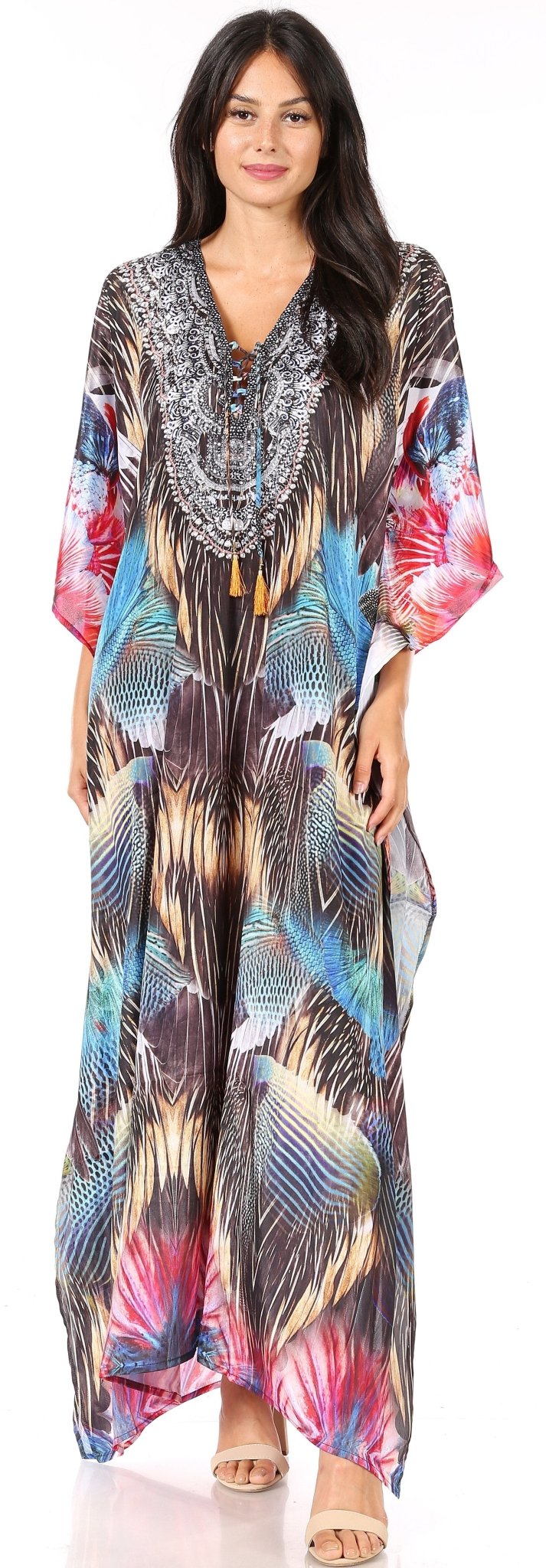 Sakkas Yeni Women's Short Sleeve V-neck Summer Floral Long Caftan Dress Cover-up dresses La Vie Bien Sakkas Yeni Women's Short Sleeve V-neck Summer Floral Long Caftan Dress Cover-up