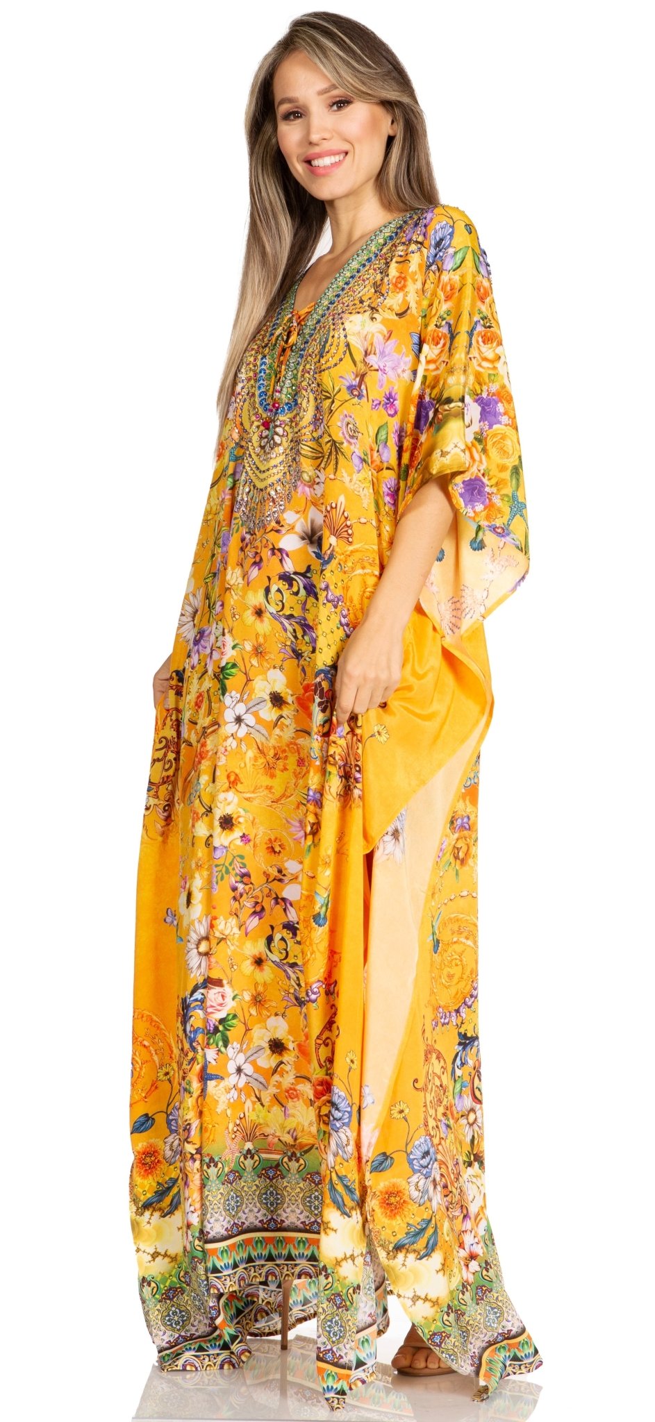 Sakkas Yeni Women's Short Sleeve V-neck Summer Floral Long Caftan Dress Cover-up dresses La Vie Bien Sakkas Yeni Women's Short Sleeve V-neck Summer Floral Long Caftan Dress Cover-up