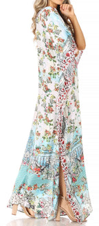 Sakkas Yeni Women's Short Sleeve V-neck Summer Floral Long Caftan Dress Cover-up dresses La Vie Bien Sakkas Yeni Women's Short Sleeve V-neck Summer Floral Long Caftan Dress Cover-up