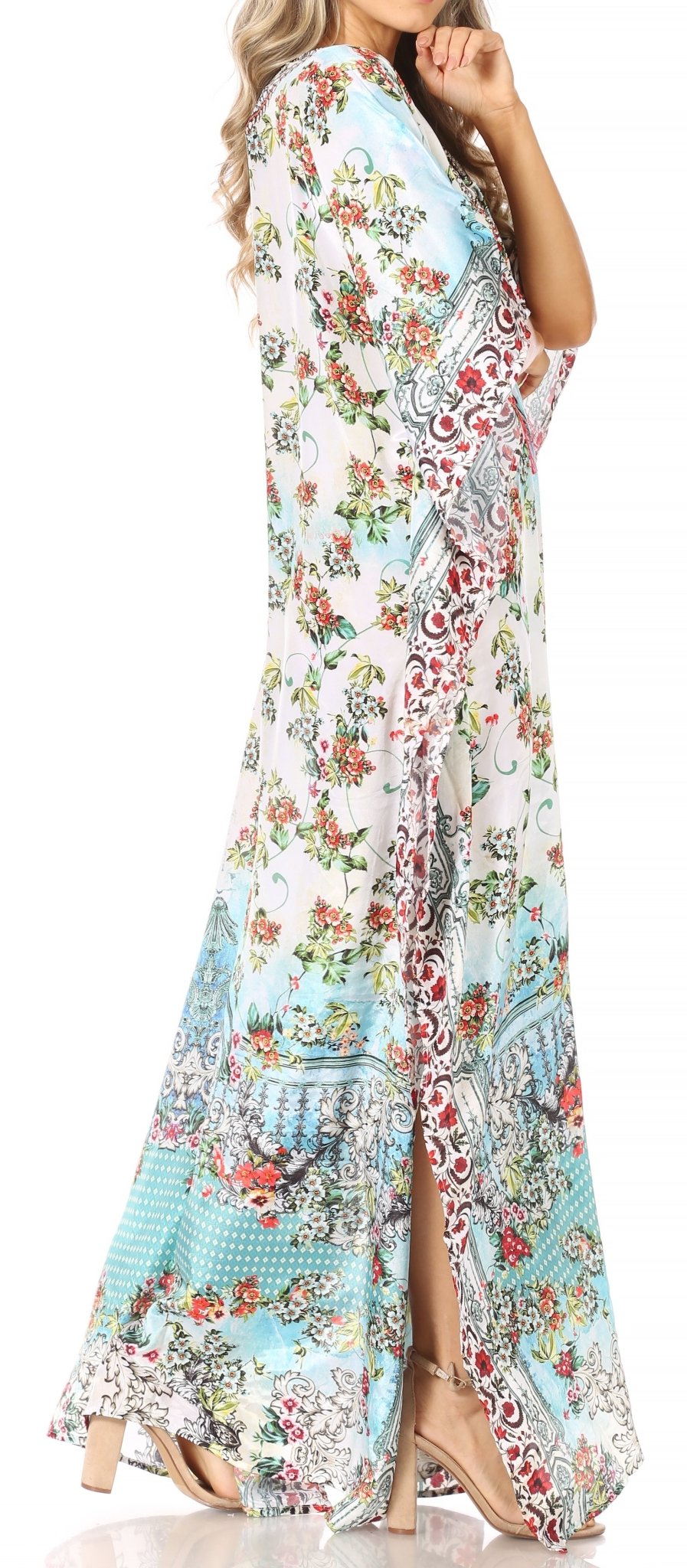 Sakkas Yeni Women's Short Sleeve V-neck Summer Floral Long Caftan Dress Cover-up dresses La Vie Bien Sakkas Yeni Women's Short Sleeve V-neck Summer Floral Long Caftan Dress Cover-up