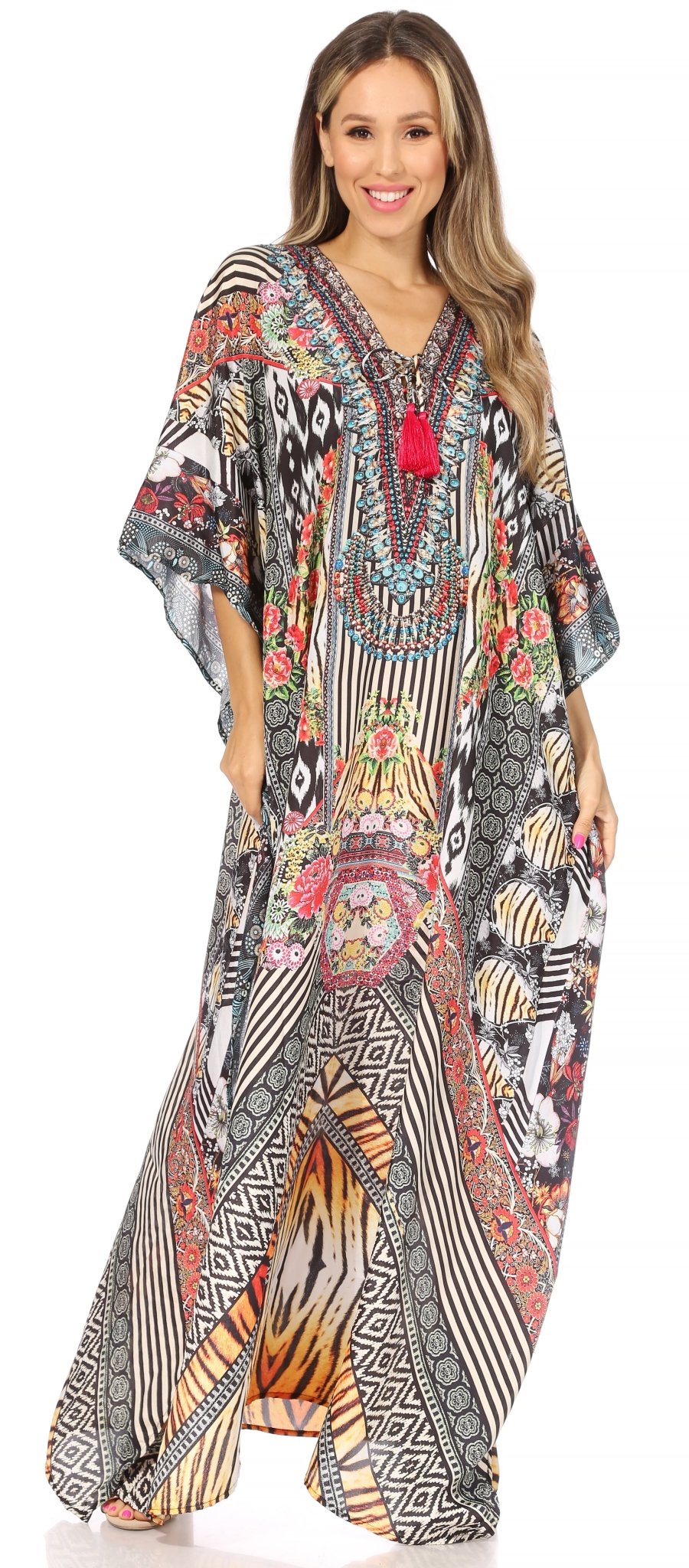 Sakkas Yeni Women's Short Sleeve V-neck Summer Floral Long Caftan Dress Cover-up dresses La Vie Bien Sakkas Yeni Women's Short Sleeve V-neck Summer Floral Long Caftan Dress Cover-up