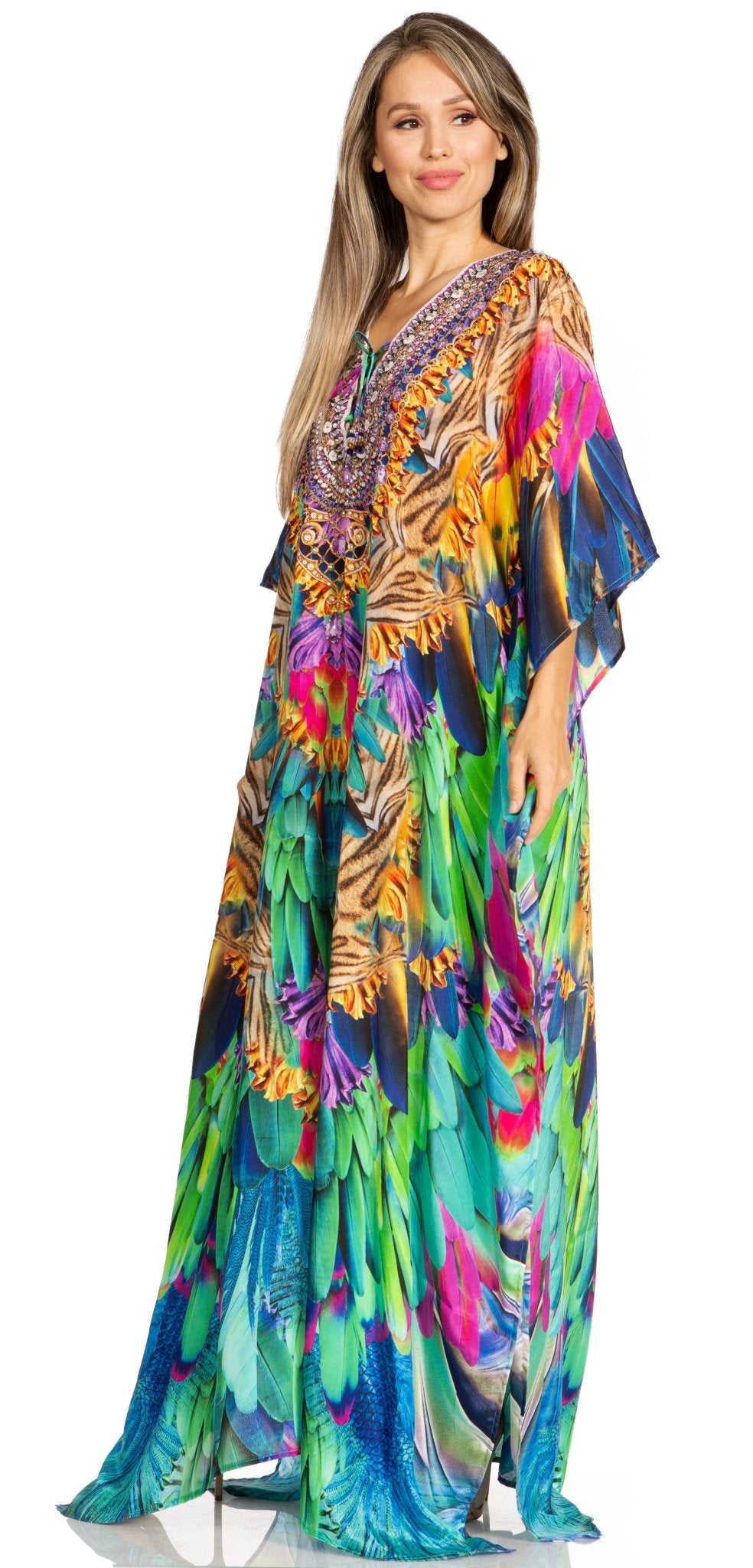 Sakkas Yeni Women's Short Sleeve V-neck Summer Floral Long Caftan Dress Cover-up dresses La Vie Bien Sakkas Yeni Women's Short Sleeve V-neck Summer Floral Long Caftan Dress Cover-up