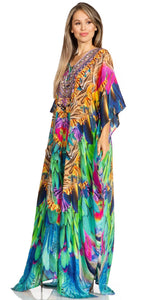 Sakkas Yeni Women's Short Sleeve V-neck Summer Floral Long Caftan Dress Cover-up dresses La Vie Bien Sakkas Yeni Women's Short Sleeve V-neck Summer Floral Long Caftan Dress Cover-up