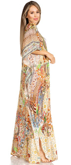Sakkas Yeni Women's Short Sleeve V-neck Summer Floral Long Caftan Dress Cover-up dresses La Vie Bien Sakkas Yeni Women's Short Sleeve V-neck Summer Floral Long Caftan Dress Cover-up