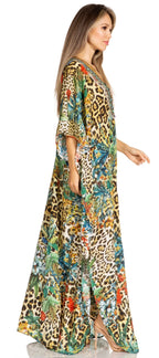 Sakkas Yeni Women's Short Sleeve V-neck Summer Floral Long Caftan Dress Cover-up dresses La Vie Bien Sakkas Yeni Women's Short Sleeve V-neck Summer Floral Long Caftan Dress Cover-up