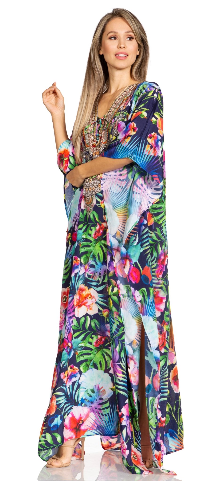 Sakkas Yeni Women's Short Sleeve V-neck Summer Floral Long Caftan Dress Cover-up dresses La Vie Bien Sakkas Yeni Women's Short Sleeve V-neck Summer Floral Long Caftan Dress Cover-up