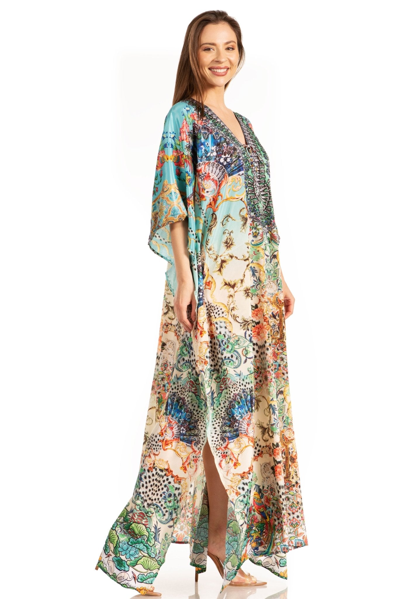 Sakkas Yeni Women's Short Sleeve V-neck Summer Floral Long Caftan Dress Cover-up dresses La Vie Bien Sakkas Yeni Women's Short Sleeve V-neck Summer Floral Long Caftan Dress Cover-up