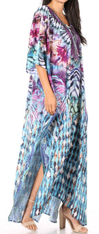Sakkas Yeni Women's Short Sleeve V-neck Summer Floral Long Caftan Dress Cover-up dresses La Vie Bien Sakkas Yeni Women's Short Sleeve V-neck Summer Floral Long Caftan Dress Cover-up