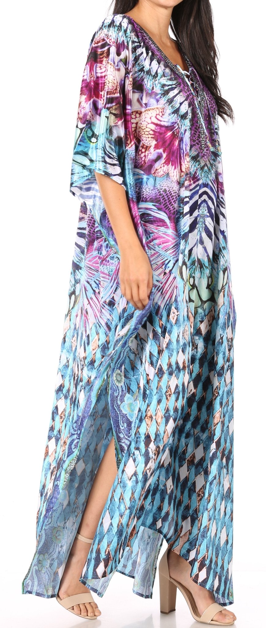 Sakkas Yeni Women's Short Sleeve V-neck Summer Floral Long Caftan Dress Cover-up dresses La Vie Bien Sakkas Yeni Women's Short Sleeve V-neck Summer Floral Long Caftan Dress Cover-up