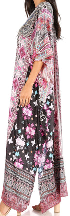 Sakkas Yeni Women's Short Sleeve V-neck Summer Floral Long Caftan Dress Cover-up dresses La Vie Bien Sakkas Yeni Women's Short Sleeve V-neck Summer Floral Long Caftan Dress Cover-up