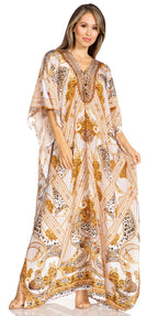 Sakkas Yeni Women's Short Sleeve V-neck Summer Floral Long Caftan Dress Cover-up dresses La Vie Bien Sakkas Yeni Women's Short Sleeve V-neck Summer Floral Long Caftan Dress Cover-up