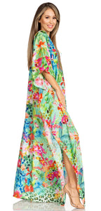 Sakkas Yeni Women's Short Sleeve V-neck Summer Floral Long Caftan Dress Cover-up dresses La Vie Bien Sakkas Yeni Women's Short Sleeve V-neck Summer Floral Long Caftan Dress Cover-up