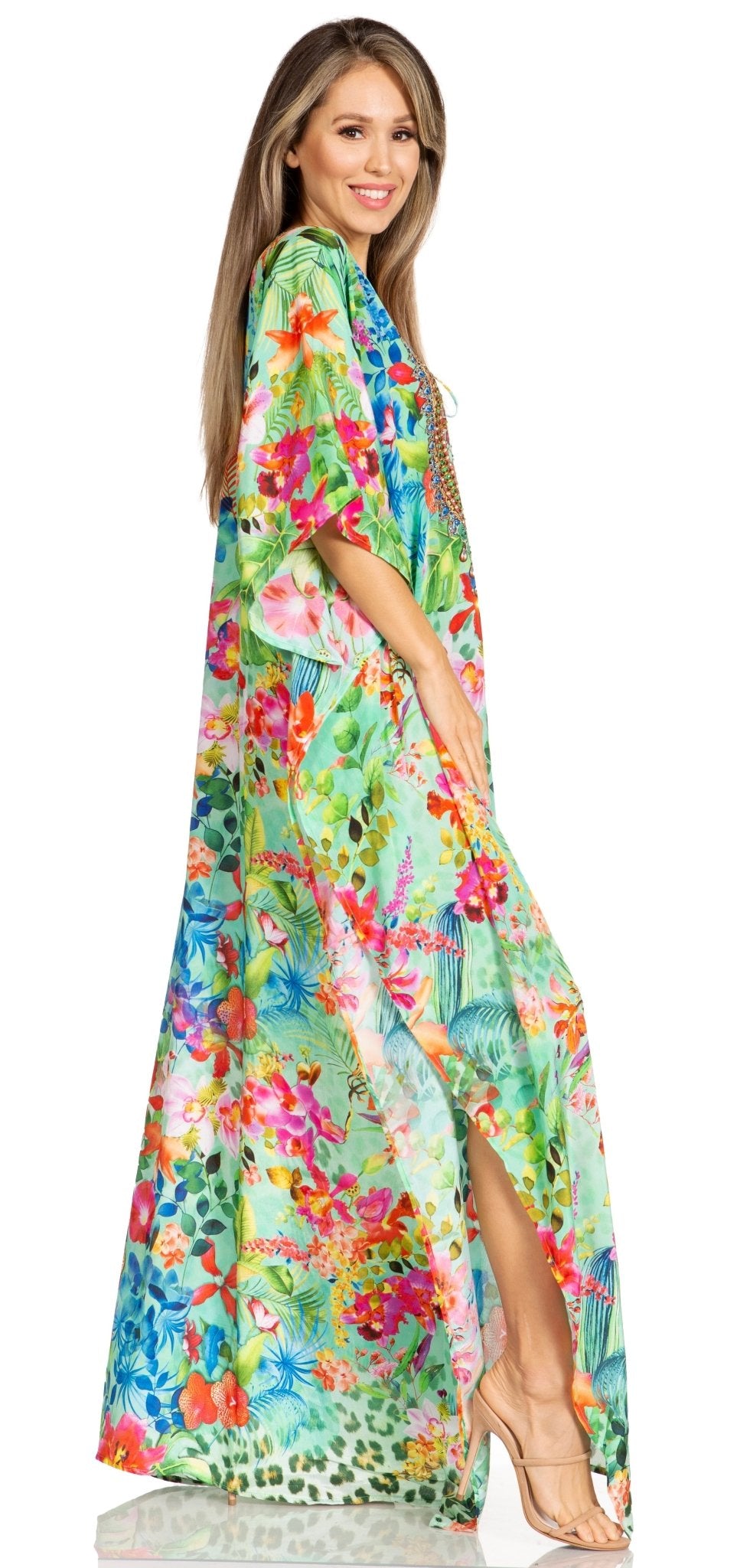 Sakkas Yeni Women's Short Sleeve V-neck Summer Floral Long Caftan Dress Cover-up dresses La Vie Bien Sakkas Yeni Women's Short Sleeve V-neck Summer Floral Long Caftan Dress Cover-up