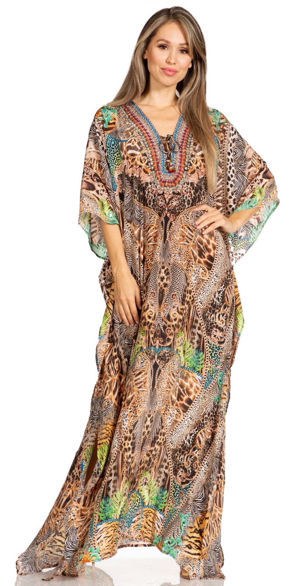 Sakkas Yeni Women's Short Sleeve V-neck Summer Floral Long Caftan Dress Cover-up dresses La Vie Bien Sakkas Yeni Women's Short Sleeve V-neck Summer Floral Long Caftan Dress Cover-up