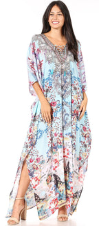 Sakkas Yeni Women's Short Sleeve V-neck Summer Floral Long Caftan Dress Cover-up dresses La Vie Bien Sakkas Yeni Women's Short Sleeve V-neck Summer Floral Long Caftan Dress Cover-up