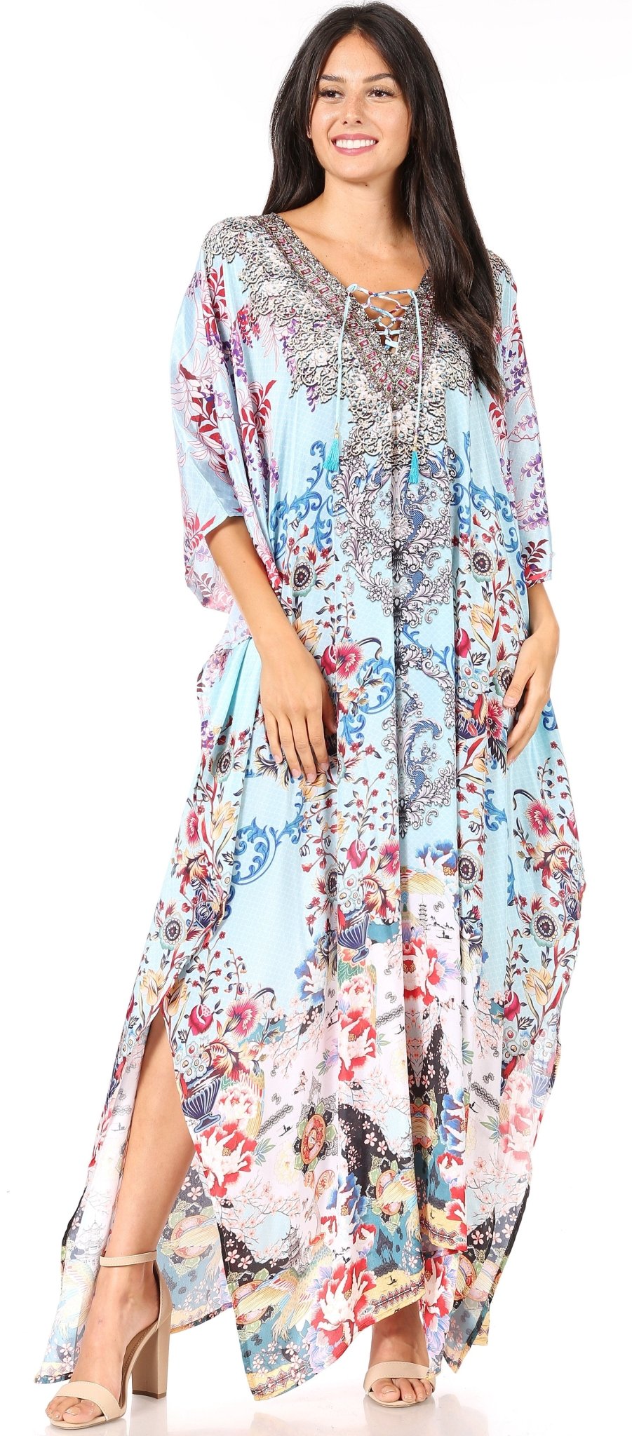 Sakkas Yeni Women's Short Sleeve V-neck Summer Floral Long Caftan Dress Cover-up dresses La Vie Bien Sakkas Yeni Women's Short Sleeve V-neck Summer Floral Long Caftan Dress Cover-up