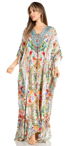 Sakkas Yeni Women's Short Sleeve V-neck Summer Floral Long Caftan Dress Cover-up dresses La Vie Bien Sakkas Yeni Women's Short Sleeve V-neck Summer Floral Long Caftan Dress Cover-up
