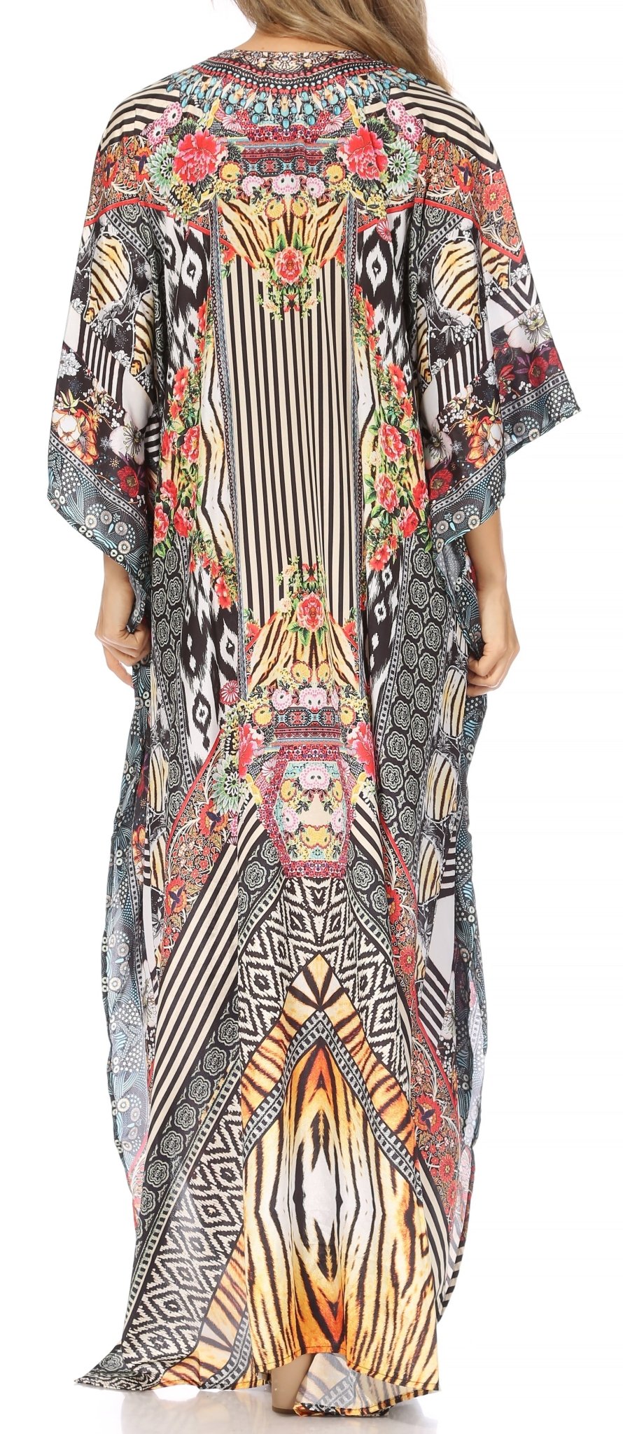 Sakkas Yeni Women's Short Sleeve V-neck Summer Floral Long Caftan Dress Cover-up dresses La Vie Bien Sakkas Yeni Women's Short Sleeve V-neck Summer Floral Long Caftan Dress Cover-up