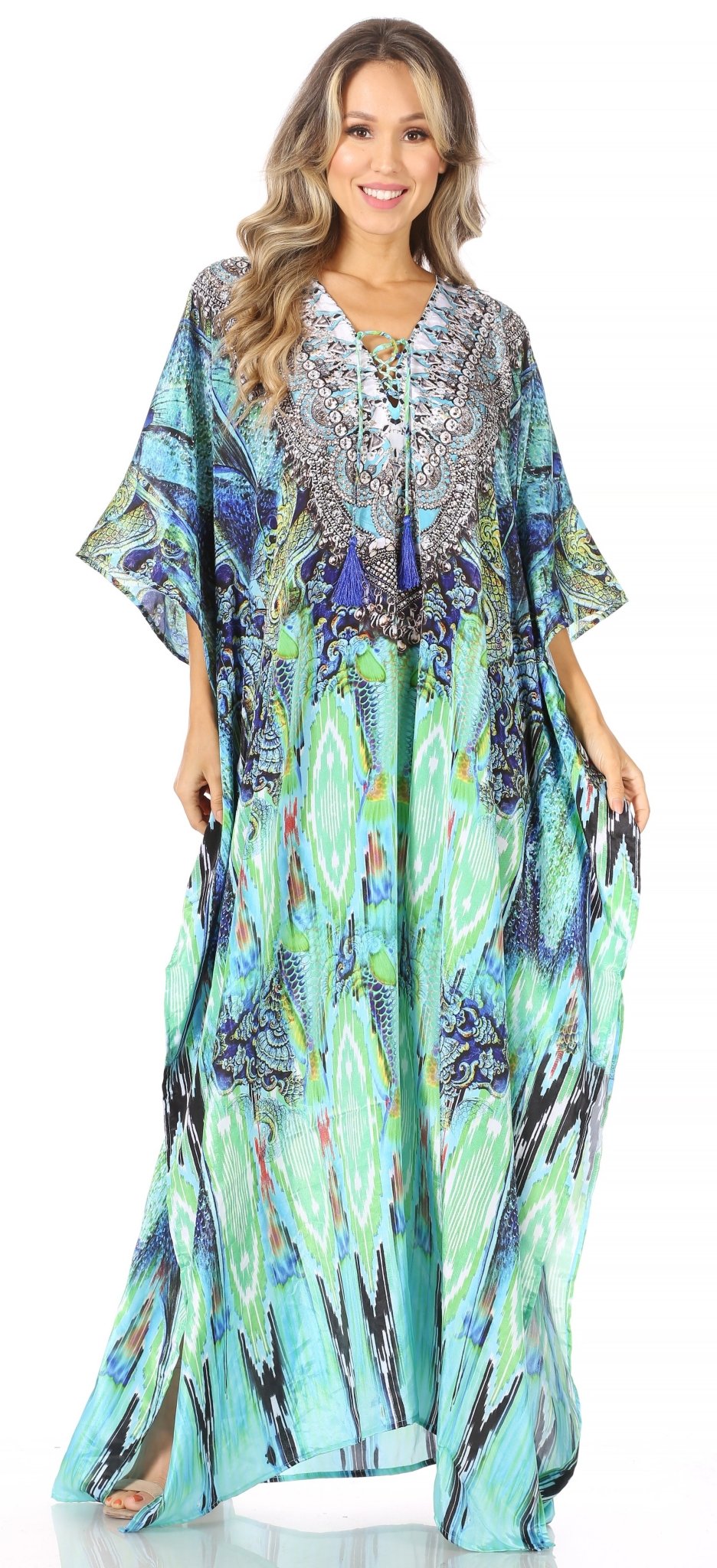 Sakkas Yeni Women's Short Sleeve V-neck Summer Floral Long Caftan Dress Cover-up dresses La Vie Bien Sakkas Yeni Women's Short Sleeve V-neck Summer Floral Long Caftan Dress Cover-up
