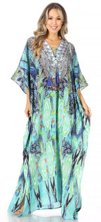 Sakkas Yeni Women's Short Sleeve V-neck Summer Floral Long Caftan Dress Cover-up dresses La Vie Bien Sakkas Yeni Women's Short Sleeve V-neck Summer Floral Long Caftan Dress Cover-up