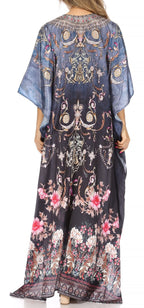 Sakkas Yeni Women's Short Sleeve V-neck Summer Floral Long Caftan Dress Cover-up dresses La Vie Bien Sakkas Yeni Women's Short Sleeve V-neck Summer Floral Long Caftan Dress Cover-up