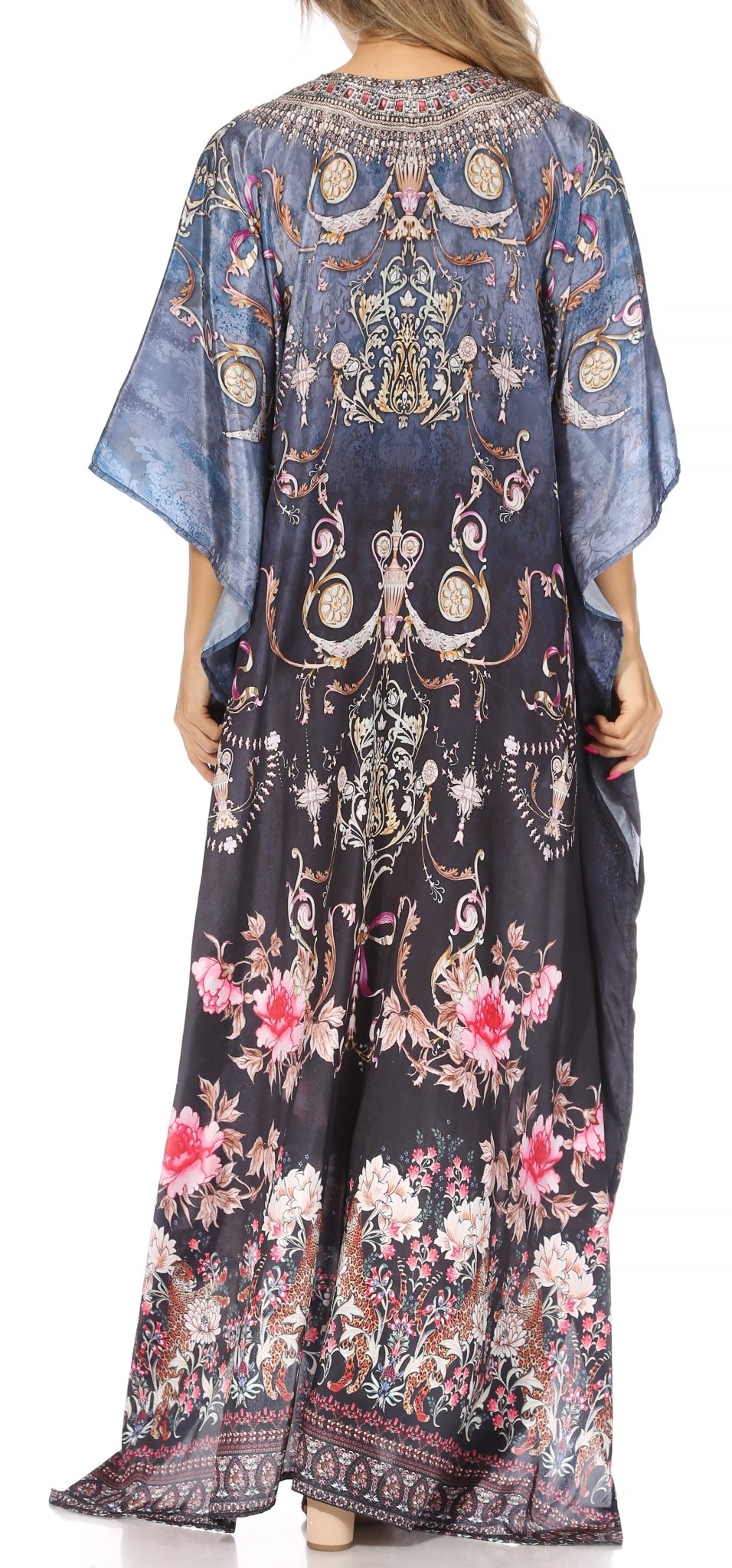 Sakkas Yeni Women's Short Sleeve V-neck Summer Floral Long Caftan Dress Cover-up dresses La Vie Bien Sakkas Yeni Women's Short Sleeve V-neck Summer Floral Long Caftan Dress Cover-up