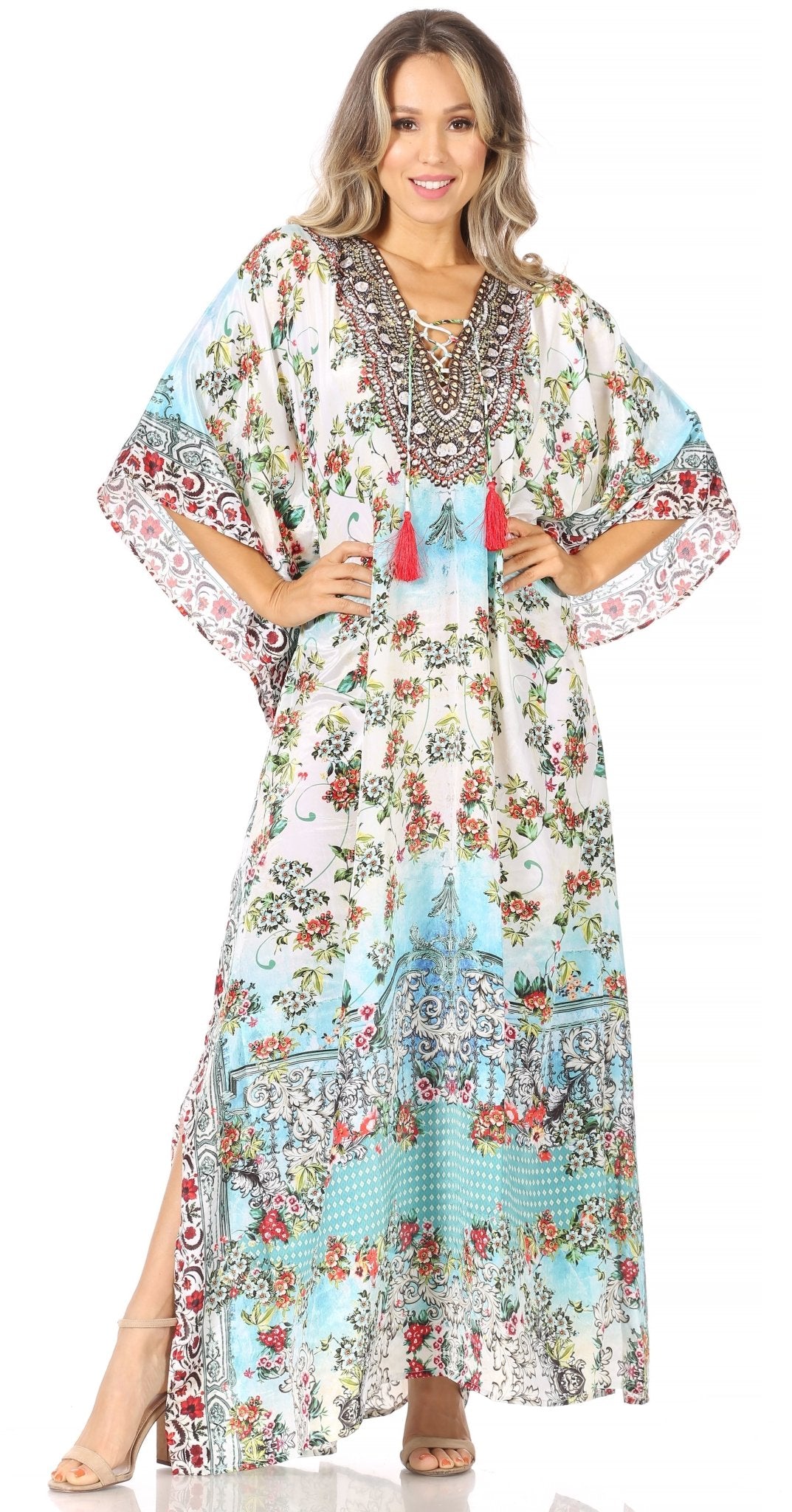 Sakkas Yeni Women's Short Sleeve V-neck Summer Floral Long Caftan Dress Cover-up dresses La Vie Bien Sakkas Yeni Women's Short Sleeve V-neck Summer Floral Long Caftan Dress Cover-up