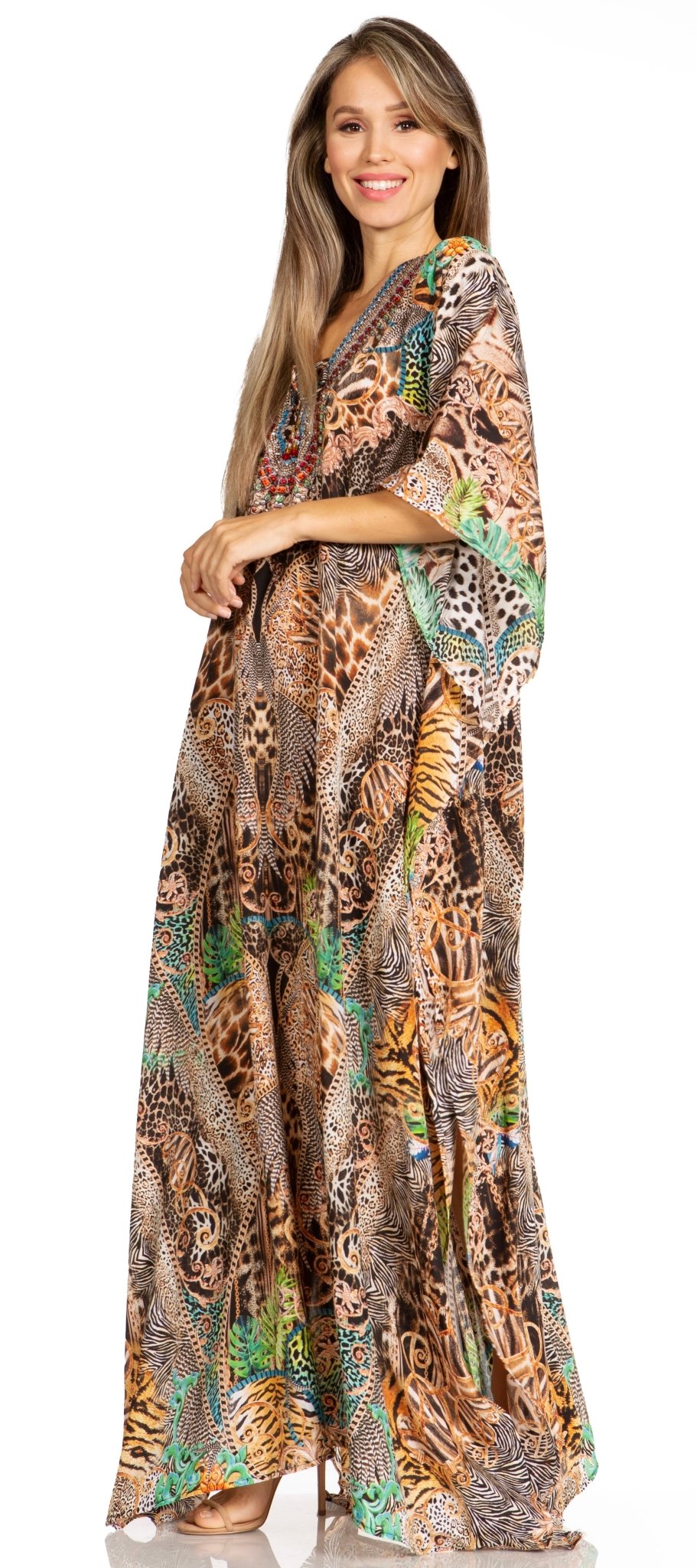 Sakkas Yeni Women's Short Sleeve V-neck Summer Floral Long Caftan Dress Cover-up dresses La Vie Bien Sakkas Yeni Women's Short Sleeve V-neck Summer Floral Long Caftan Dress Cover-up