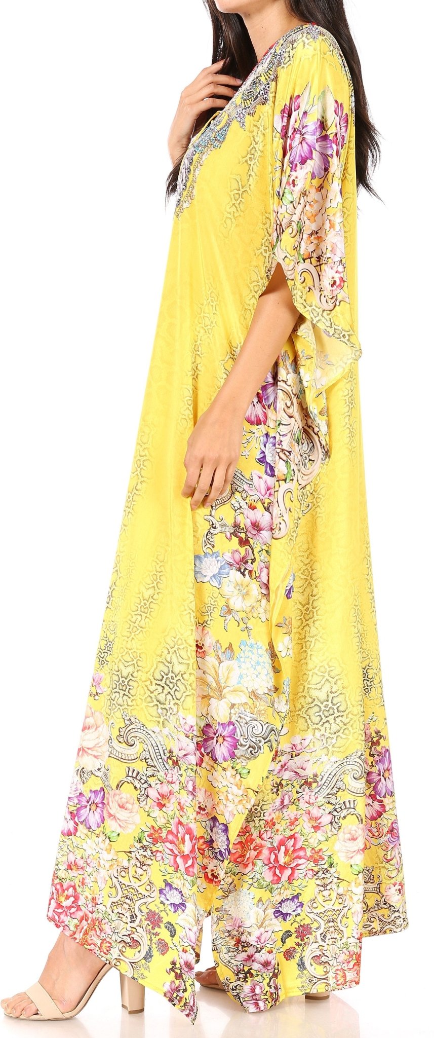 Sakkas Yeni Women's Short Sleeve V-neck Summer Floral Long Caftan Dress Cover-up dresses La Vie Bien Sakkas Yeni Women's Short Sleeve V-neck Summer Floral Long Caftan Dress Cover-up