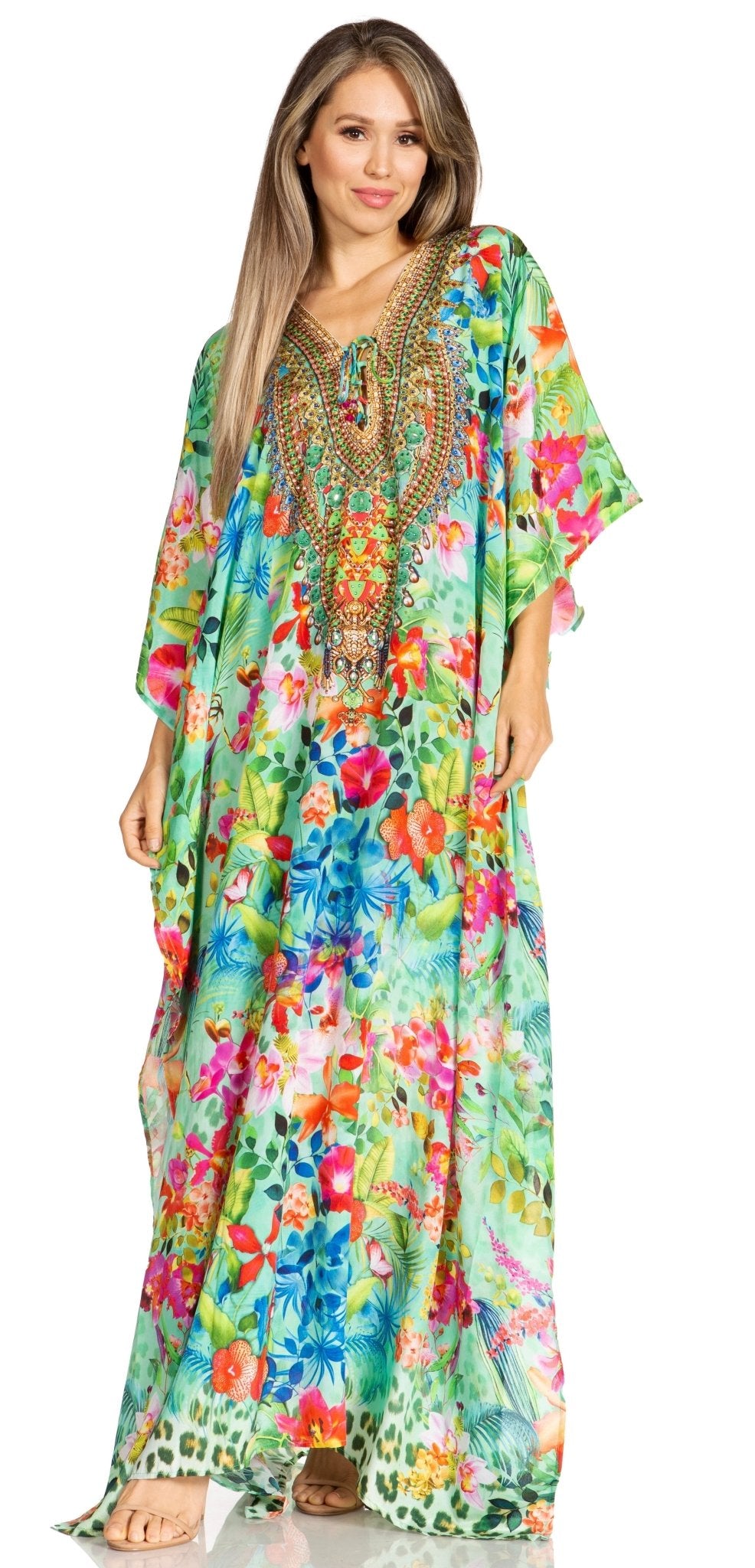 Sakkas Yeni Women's Short Sleeve V-neck Summer Floral Long Caftan Dress Cover-up dresses La Vie Bien Sakkas Yeni Women's Short Sleeve V-neck Summer Floral Long Caftan Dress Cover-up