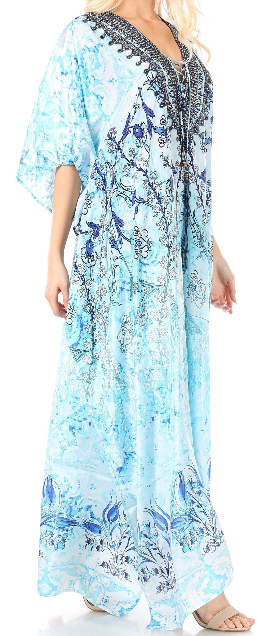 Sakkas Yeni Women's Short Sleeve V-neck Summer Floral Long Caftan Dress Cover-up dresses La Vie Bien Sakkas Yeni Women's Short Sleeve V-neck Summer Floral Long Caftan Dress Cover-up
