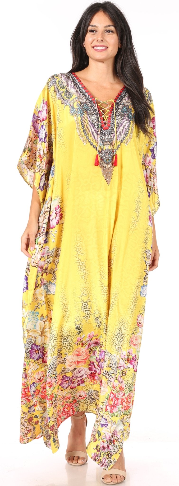 Sakkas Yeni Women's Short Sleeve V-neck Summer Floral Long Caftan Dress Cover-up dresses La Vie Bien Sakkas Yeni Women's Short Sleeve V-neck Summer Floral Long Caftan Dress Cover-up